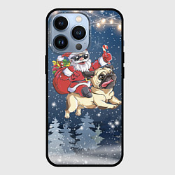 Чехол для iPhone 13 Pro Санта едет на мопсе, цвет: 3D-черный