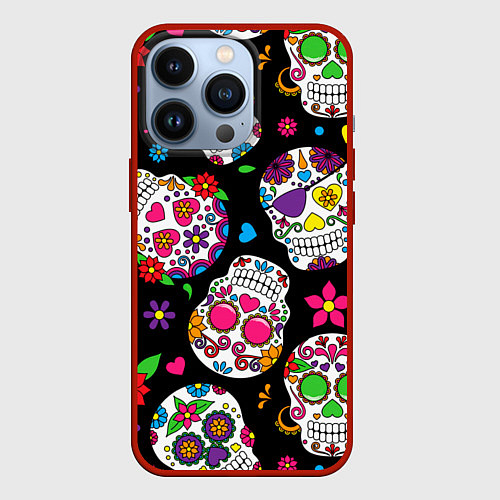 Чехол iPhone 13 Pro Шальные черепа / 3D-Красный – фото 1