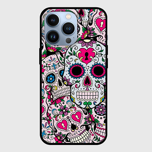 Чехол iPhone 13 Pro Весёлые черепа / 3D-Черный – фото 1