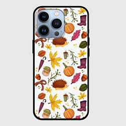 Чехол для iPhone 13 Pro Уют, ежи, листья и банка варенья, цвет: 3D-черный