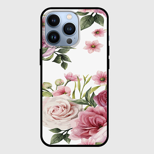 Чехол iPhone 13 Pro Розовые розы / 3D-Черный – фото 1