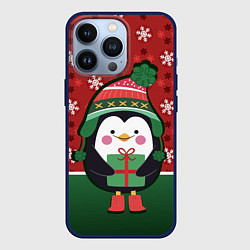 Чехол для iPhone 13 Pro Пингвин Новый год, цвет: 3D-тёмно-синий
