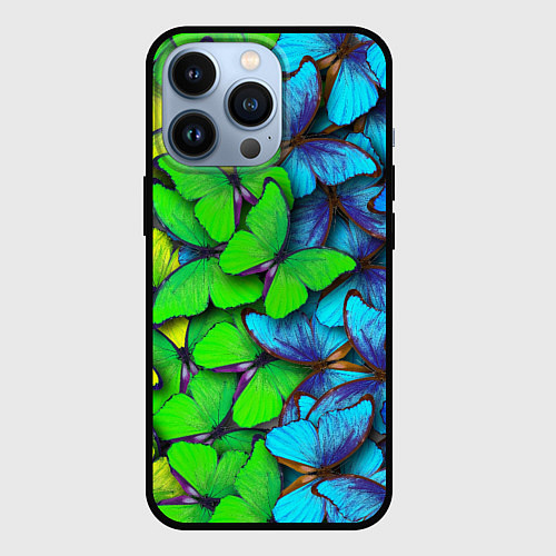 Чехол iPhone 13 Pro Радужные бабочки / 3D-Черный – фото 1