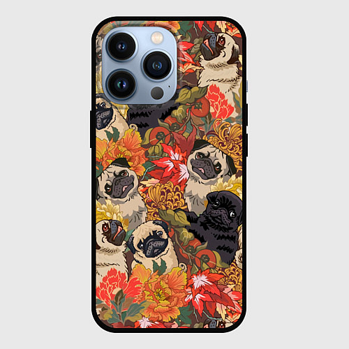 Чехол iPhone 13 Pro Мопсики Цветочки / 3D-Черный – фото 1
