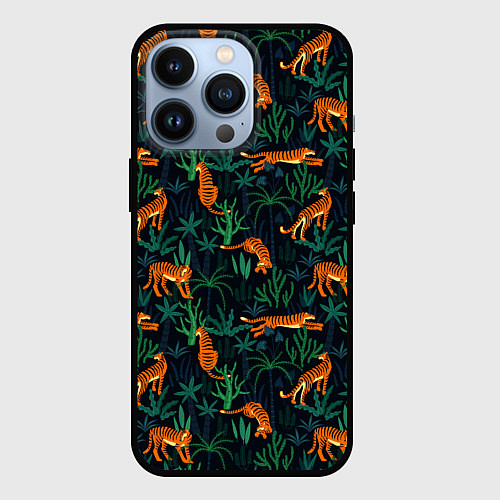 Чехол iPhone 13 Pro Паттерн из Тигров и Растений / 3D-Черный – фото 1