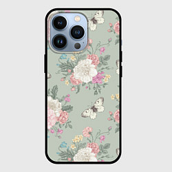 Чехол для iPhone 13 Pro Бабочки в цветах, цвет: 3D-черный