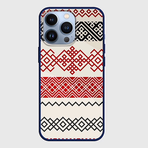 Чехол iPhone 13 Pro Славянский узор красно-черный / 3D-Тёмно-синий – фото 1