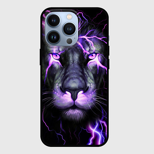 Чехол iPhone 13 Pro НЕОНОВЫЙ ЛЕВ NEON LION / 3D-Черный – фото 1