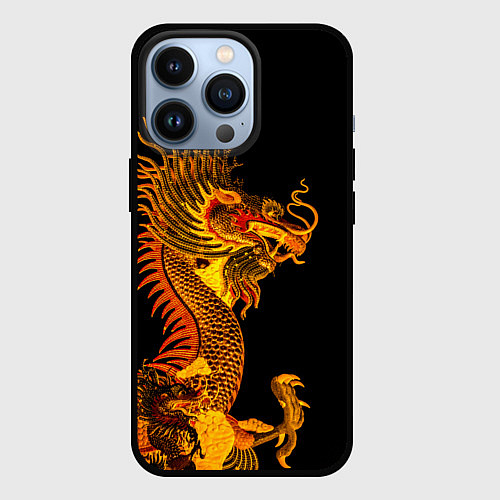 Чехол iPhone 13 Pro Золотой китайский дракон / 3D-Черный – фото 1