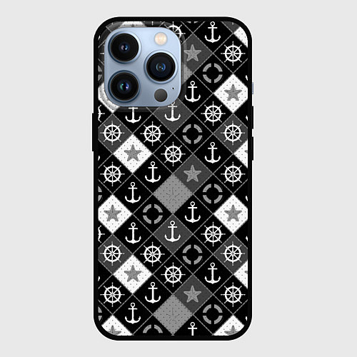 Чехол iPhone 13 Pro Черно-белый морской плед / 3D-Черный – фото 1