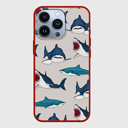 Чехол для iPhone 13 Pro Кровожадные акулы паттерн, цвет: 3D-красный