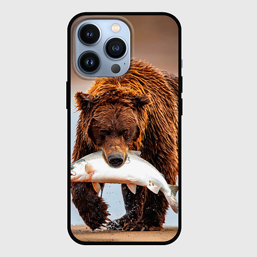 Чехол iPhone 13 Pro Медведь с рыбой во рту / 3D-Черный – фото 1