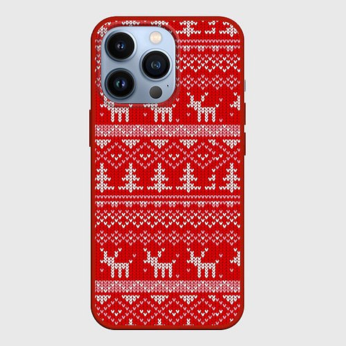 Чехол iPhone 13 Pro Новогодний узор с оленями и елкой / 3D-Красный – фото 1