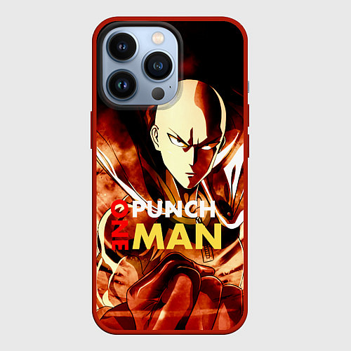 Чехол iPhone 13 Pro Огненный Сайтама One Punch-Man / 3D-Красный – фото 1