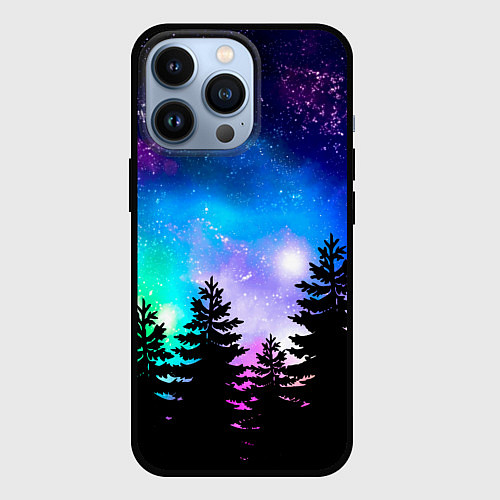 Чехол iPhone 13 Pro Космический лес, елки и звезды / 3D-Черный – фото 1