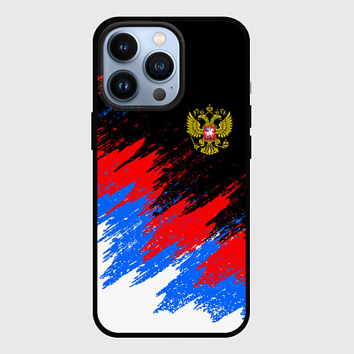 Чехол iPhone 13 Pro РОССИЯ, БРЫЗГИ КРАСОК, ТРИКОЛОР / 3D-Черный – фото 1