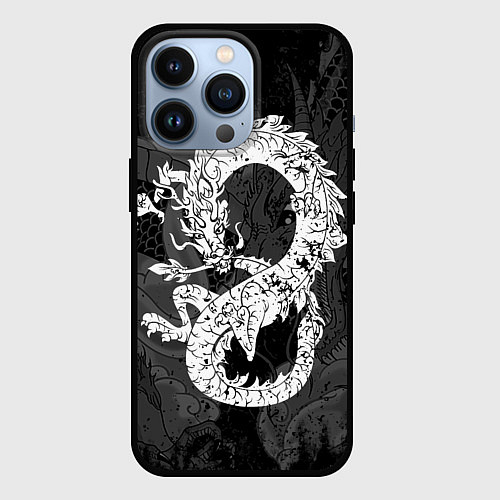 Чехол iPhone 13 Pro Белый Дракон Гранж White Dragon / 3D-Черный – фото 1