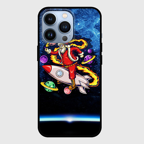 Чехол iPhone 13 Pro Санта хипстер в очках на ракете в космосе с планет / 3D-Черный – фото 1