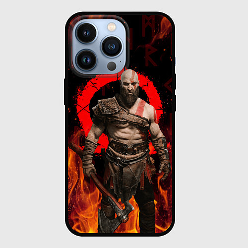 Чехол iPhone 13 Pro GOD OF WAR РАГНАРЁК, КРАТОС В ОГНЕ / 3D-Черный – фото 1