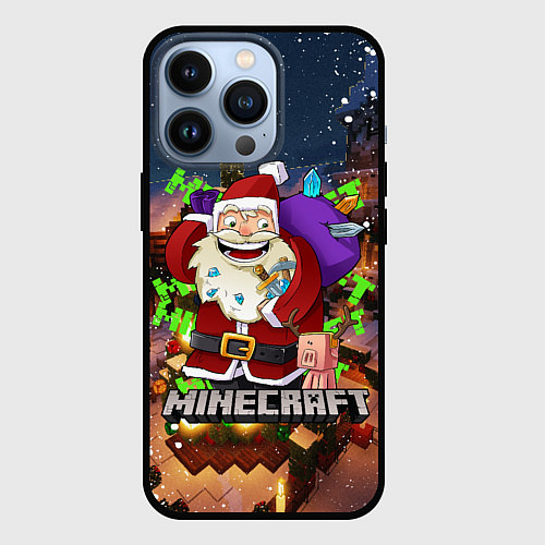 Чехол iPhone 13 Pro НОВОГОДНЯЯ ЁЛКА В МАЙНКРАФТ SANTA CLAUS / 3D-Черный – фото 1