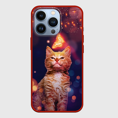 Чехол iPhone 13 Pro РЫЖИЙ КОТ И БАБОЧКА / 3D-Красный – фото 1