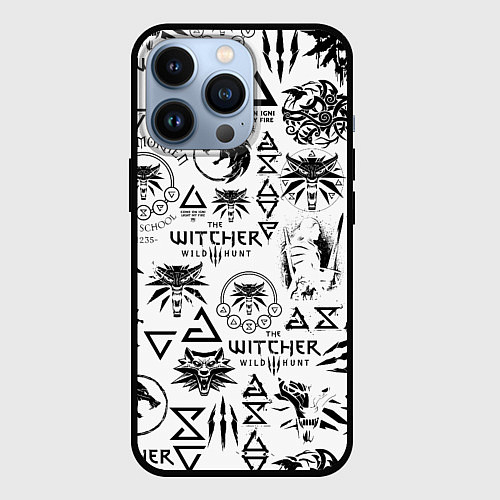 Чехол iPhone 13 Pro THE WITCHER LOGOBOMBING ЧЁРНО БЕЛЫЙ ВЕДЬМАК ПАТТЕР / 3D-Черный – фото 1