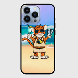 Чехол iPhone 13 Pro Тигр в отпуске на новый год на море