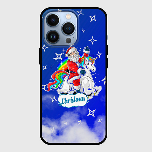 Чехол iPhone 13 Pro Новогодний Санта с Единорогом / 3D-Черный – фото 1