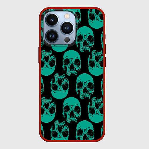 Чехол iPhone 13 Pro Узор из зелёных черепков / 3D-Красный – фото 1
