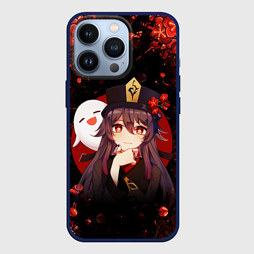 Чехол iPhone 13 Pro GENSHIN IMPACT HU TAO ГЕНШИН ИМПАКТ ХУ ТАО FLOWERS / 3D-Тёмно-синий – фото 1