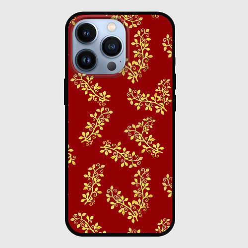 Чехол iPhone 13 Pro Золотые веточки на ярко красном фоне / 3D-Черный – фото 1
