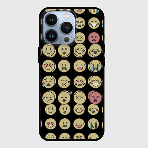 Чехол iPhone 13 Pro Смайлики эмодзи паттерном / 3D-Черный – фото 1