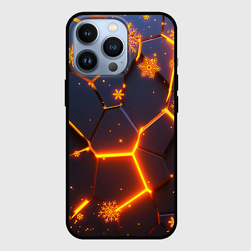 Чехол iPhone 13 Pro НОВОГОДНИЕ ОГНЕННЫЕ 3D ПЛИТЫ FIRE NEON HEXAGON / 3D-Черный – фото 1