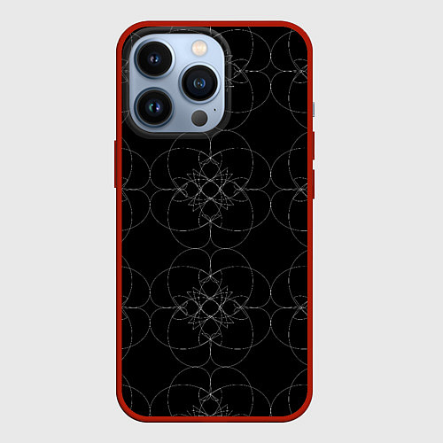 Чехол iPhone 13 Pro Цветочный орнамент белый на черном / 3D-Красный – фото 1