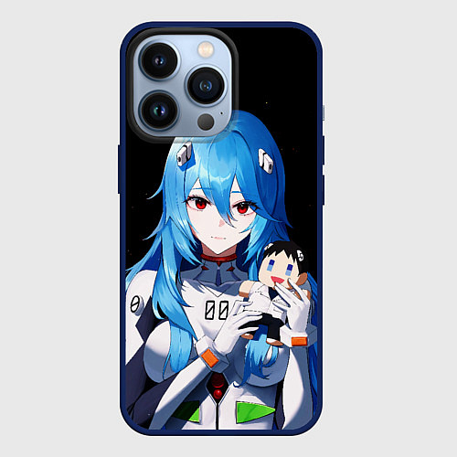 Чехол iPhone 13 Pro Рей Аянами с игрушкой Синдзи Евангелион / 3D-Тёмно-синий – фото 1
