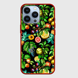 Чехол для iPhone 13 Pro Сочные фрукты - персик, груша, слива, ананас, цвет: 3D-красный