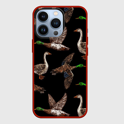 Чехол iPhone 13 Pro Утки паттерн / 3D-Красный – фото 1