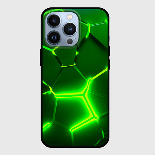 Чехол iPhone 13 Pro 3D ПЛИТЫ НЕОН NEON GREEN HEXAGON РАЗЛОМ / 3D-Черный – фото 1