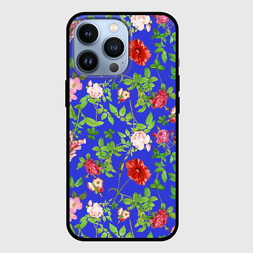 Чехол iPhone 13 Pro Цветочки - синий фон - паттерн / 3D-Черный – фото 1