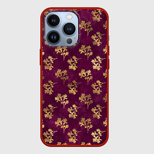Чехол iPhone 13 Pro Золотые ветки на бордовом фоне / 3D-Красный – фото 1