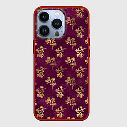 Чехол iPhone 13 Pro Золотые ветки на бордовом фоне
