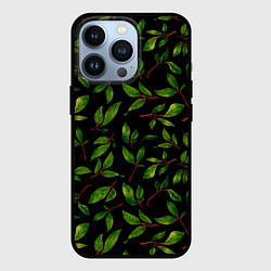 Чехол iPhone 13 Pro Яркие зеленые листья на черном фоне