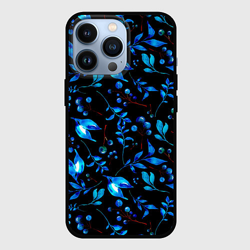 Чехол iPhone 13 Pro Ночные синие листья / 3D-Черный – фото 1