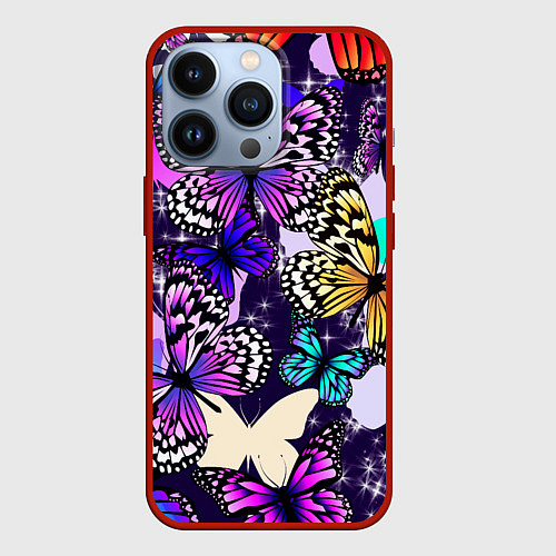 Чехол iPhone 13 Pro Бабочки Butterflies / 3D-Красный – фото 1