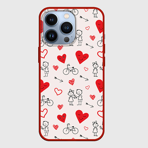 Чехол iPhone 13 Pro Романтические сердечки / 3D-Красный – фото 1
