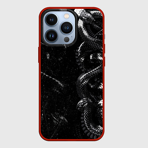 Чехол iPhone 13 Pro Змеиный Паттерн Snake Black / 3D-Красный – фото 1