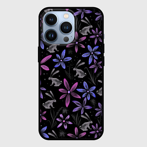Чехол iPhone 13 Pro Зайцы в ночном саду / 3D-Черный – фото 1
