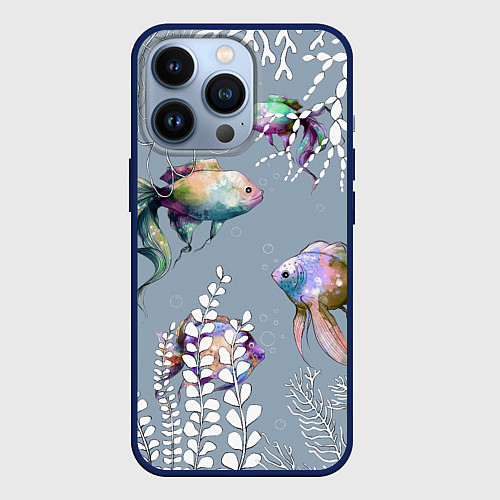 Чехол iPhone 13 Pro Разноцветные акварельные рыбки и белые водоросли / 3D-Тёмно-синий – фото 1