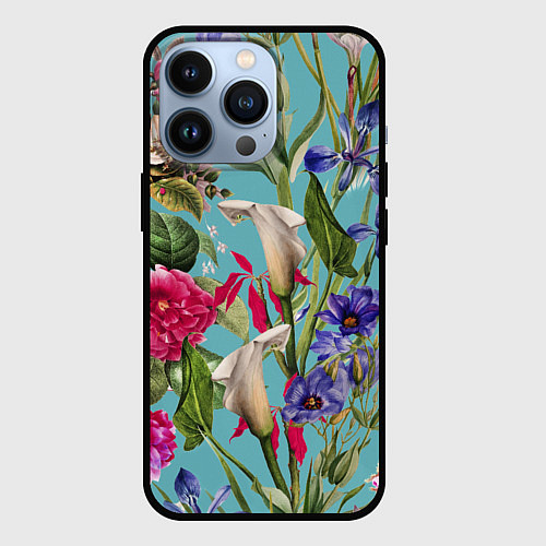 Чехол iPhone 13 Pro Цветы Ярко-Синие / 3D-Черный – фото 1