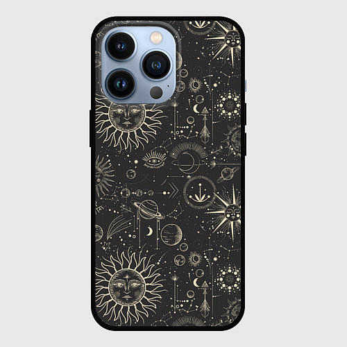 Чехол iPhone 13 Pro Небесные тела, созвездия, солнце, космос, мистика / 3D-Черный – фото 1